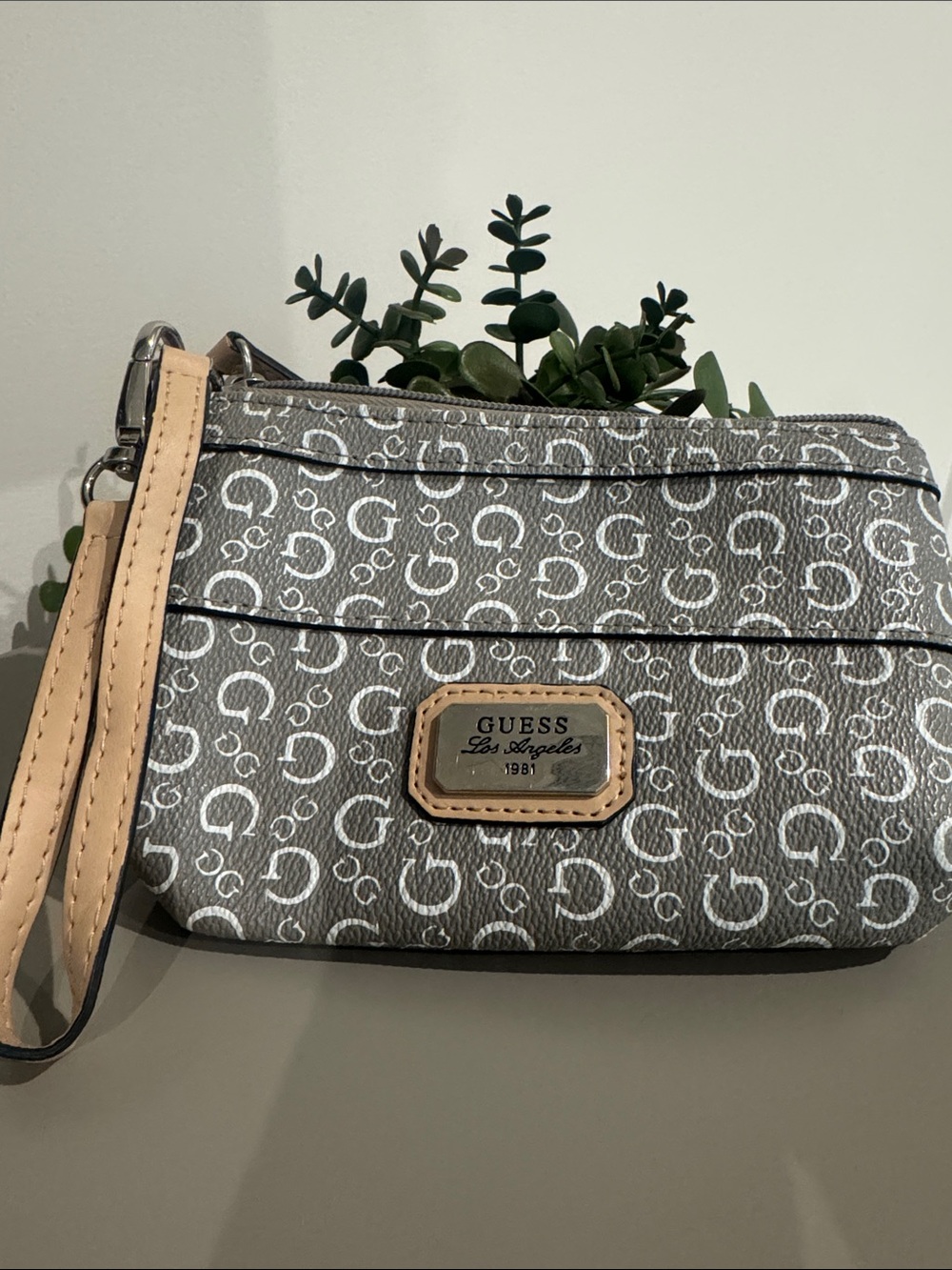 GUESS Gray Logo Wristlet with Tan Strap